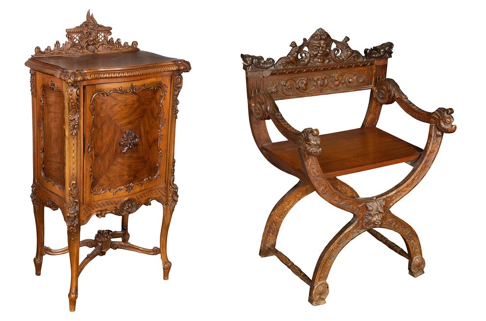 Lot 421: Carved Walnut Cabinet and Armchair