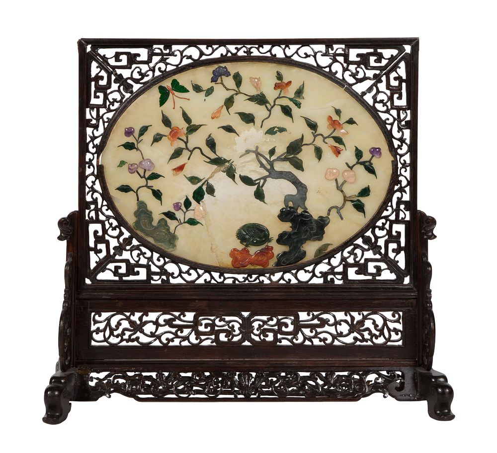 Lot 426: Asian Wood and Hardstone Table Screen