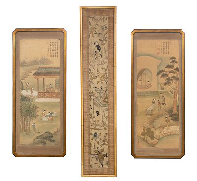 Chinese Pastoral Paintings (3) total items, including (2) gouache on linen pastoral scenes 