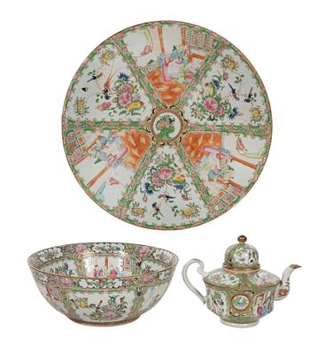 Chinese Famille Rose Medallion Porcelain Assortment (3) items including a bowl, teapot and 