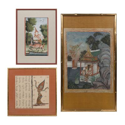 Southeast Asian Thai Gouache Assortment (3) items, the largest on linen depicting humans being 