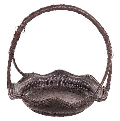 Japanese Ikebana Basket A circular scalloped edged fruit / flower basket of smoked split bamboo 