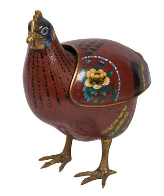 Asian Cloisonne Chicken Approximately life-size gilt and multi-color enameled depiction of a 