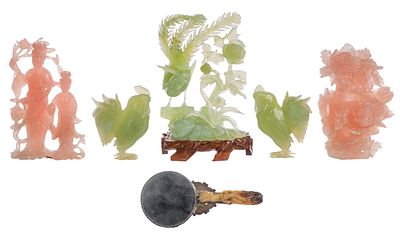 Asian Jadeite Jade Decorative Object Assortment (6) items including a pair of green roosters, a 