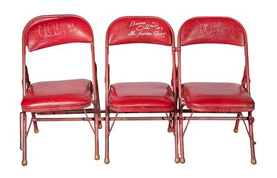 Chicago Stadium Signed Folding Chairs (3) red metal upholstered folding stadium chairs 