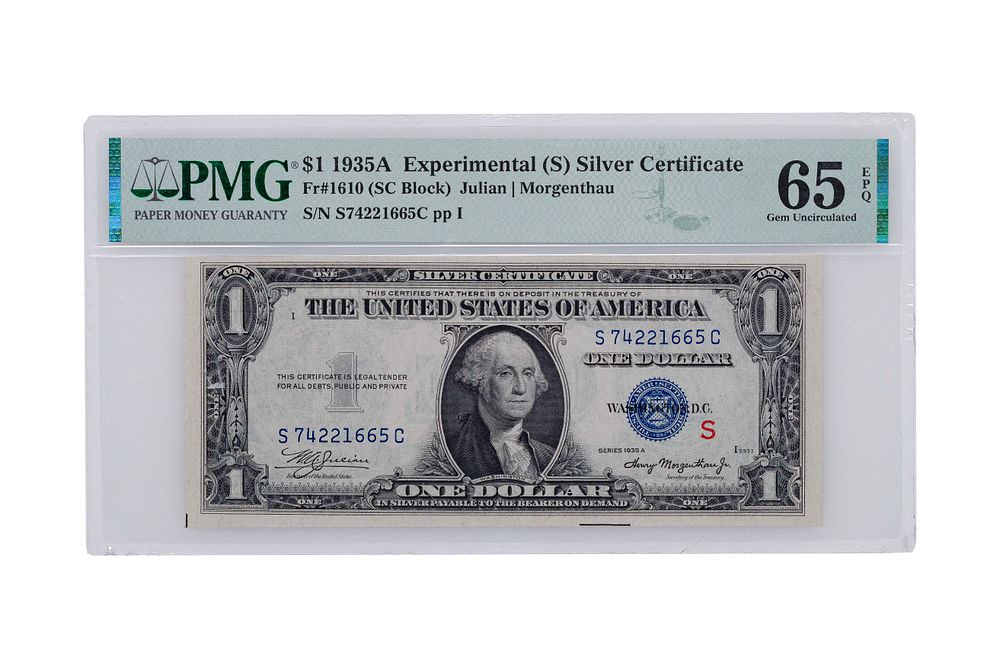 Lot 603: 1935-A $1 Experimental (S) Silver Certificate GEM 65 EPQ PMG