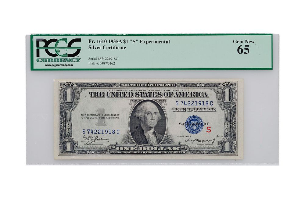 Lot 604: 1935-A $1 Experimental (S) Silver Certificate GEM NEW 65 PCGS