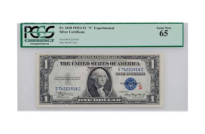 1935-A $1 Experimental (S) Silver Certificate GEM NEW 65 PCGS Fr#1610, SC Block Property from: 