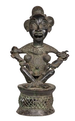 African Bamileke Bronze Figure A maternity figure depicting a female holding twins Property 