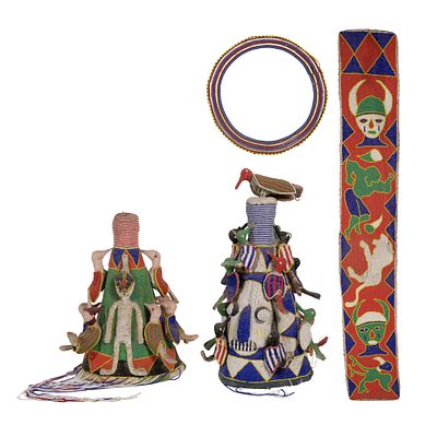 African Yoruba Object Assortment (4) items including (2) bird themed crowns, a beaded sash and 