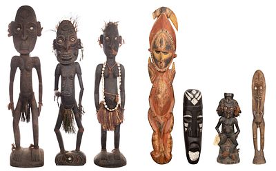 Ethnographic Figure Assortment (7) items including Papua New Guinea Wood Sculpture Sepik River 