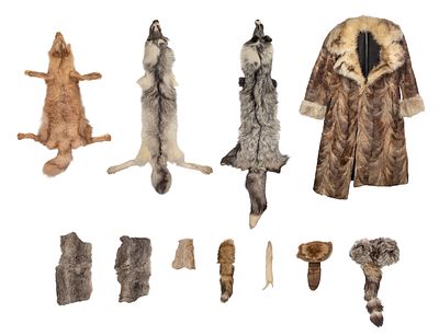 Fur Coat and Pelt Assortment (11) items of various shapes and sizes including hats, a hand made 