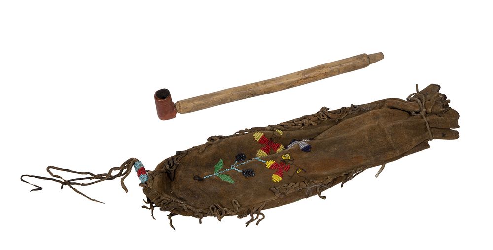Lot 679: Native American Lakota Sioux Beaded Pipebag with Pipe