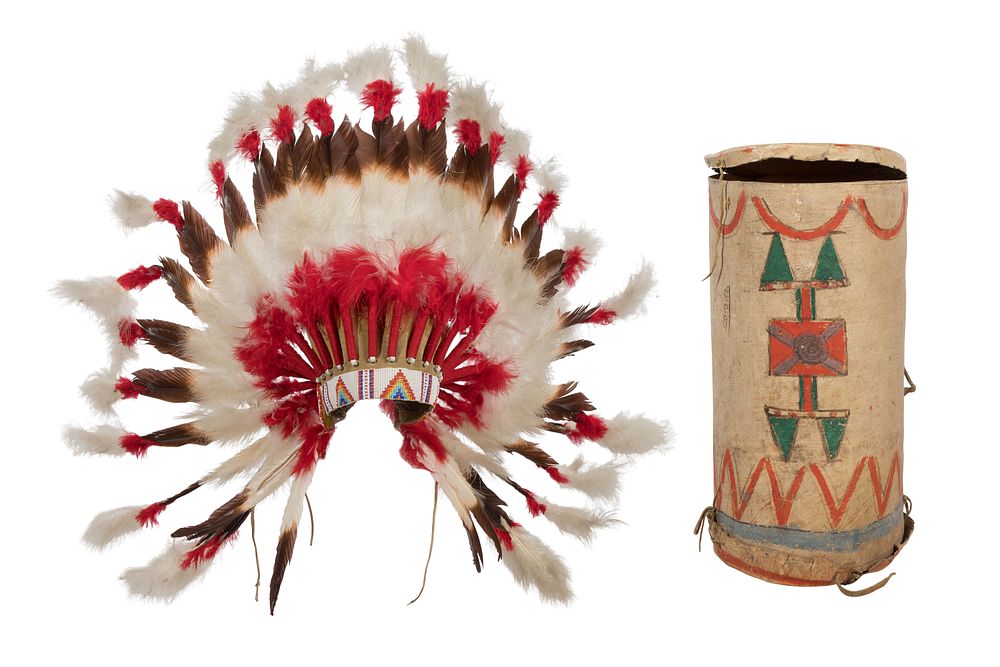 Lot 689: Native American Headdress and Parfletch Case