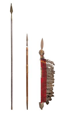 Ethnographic Spear Assortment (3) items including a cloth and feather covered shaft Property 
