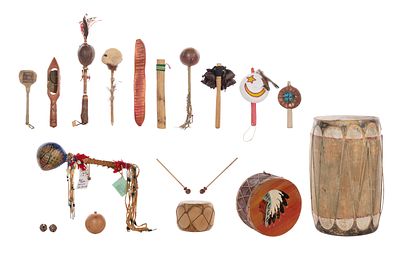 Native American Instrument Assortment (17) items of various hand percussion instruments 