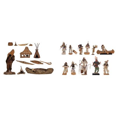 Native American Doll and Miniature Assortment (22) items including a hide-covered wood Skookum 