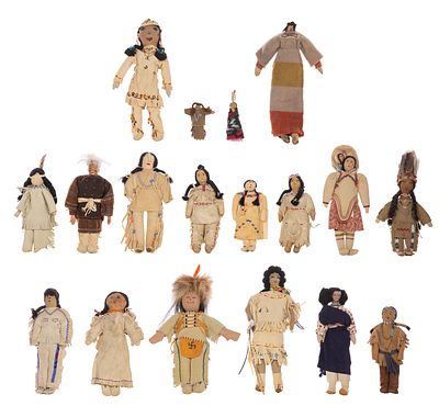 Native American Doll Assortment (18) items crafted from leather and cloth, most having beadwork 