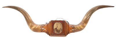 Bull Horn Picture Frame Having a wood center and oval port featuring an albumen photograph 
