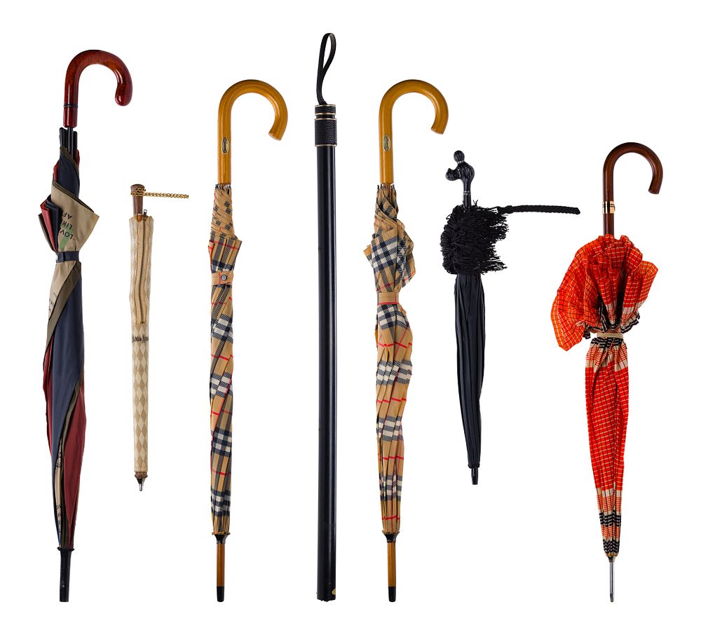 Burberry - Designer Umbrella Assortment 
(7) items including (2) Burberry plaid walking, a Neiman 