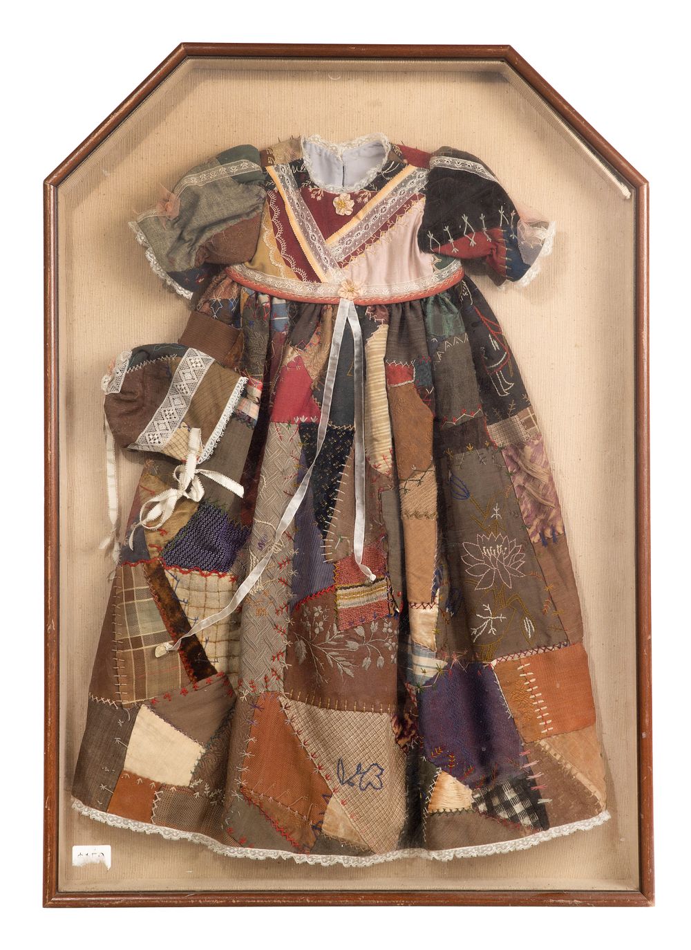Lot 335: Framed Crazy Quilt Child's Dress and Bonnet Set