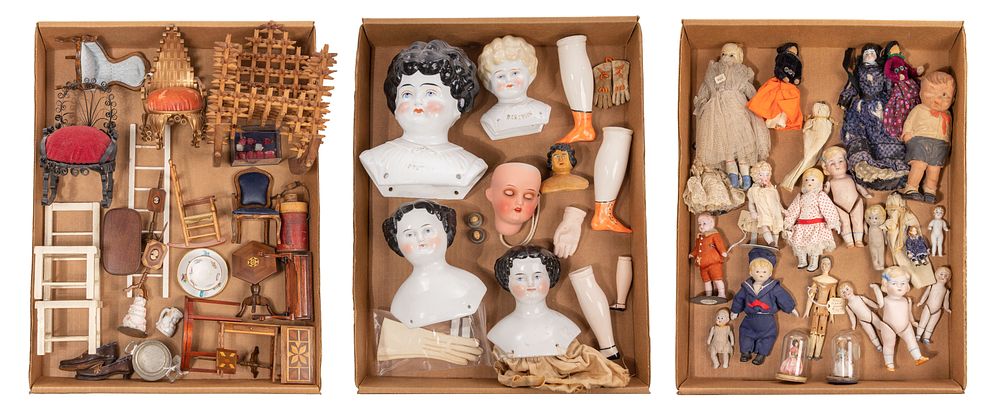 Lot 550: Porcelain Doll and Dollhouse Furniture Assortment
