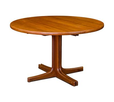 Danish Modern Teak Dining Table Unlabeled round pedestal table having two 23.5-inch leaves 