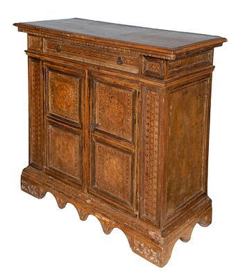 Italian Inlaid Walnut Credenza Having fully paneled construction, inlay to front surfaces 