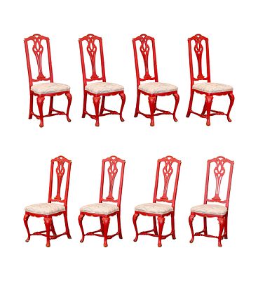 Painted Wood Upholstered Dining Chairs A set of (8) having red and gold-tone accented painted 