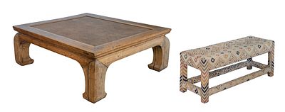 Kilim Style Upholstered Window Bench (2) total items including a bench having a geometric 