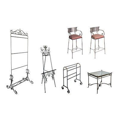 Metal Furniture Assortment (6) items including a pair of bistro chairs, a towel rack, a blanket 