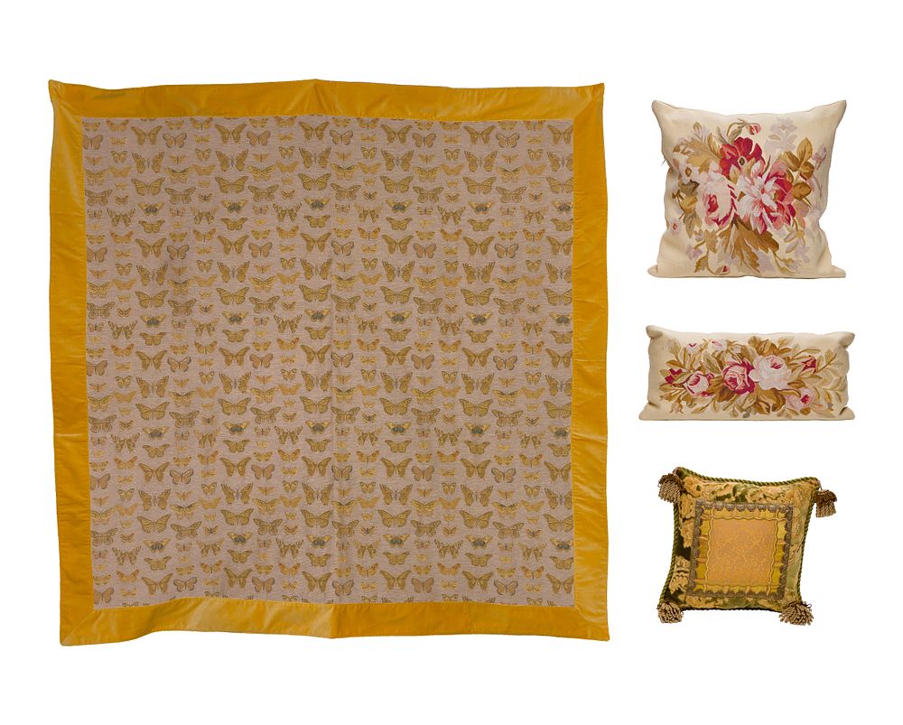 Lot 304: Aubusson Butterfly Tapestry and Pillow Assortment