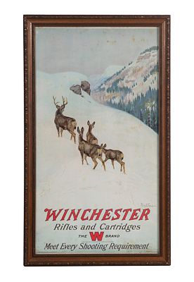 Winchester - 1912 Winchester Rifles and Cartridges Chromolithograph Sign Depicting a group of deer 