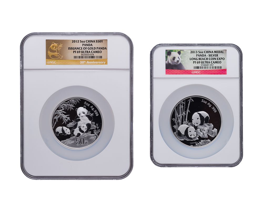 Lot 350: China: 2012 and 2013 50 Yuan .999 Fine Silver Panda Coins PF-69 UCAM NGC