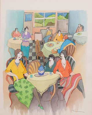 Itzchak Tarkay - Itzchak Tarkay (Israeli, 1935-2012) 'Dinner at the Club' Mixed Media on Paper 