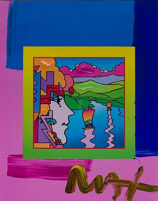 Peter Max - Peter Max (American, b.1937) 'Geometric Profile and Sailboat on Blends' Mixed Media on 