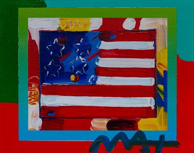Peter Max - Peter Max (American, b.1937) 'Flag with Heart on Blend' Mixed Media on Paper Undated 
