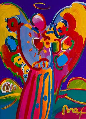 Peter Max - Peter Max (American, b.1937) 'Angel with Heart on Blue' Mixed Media on Paper 2005 
