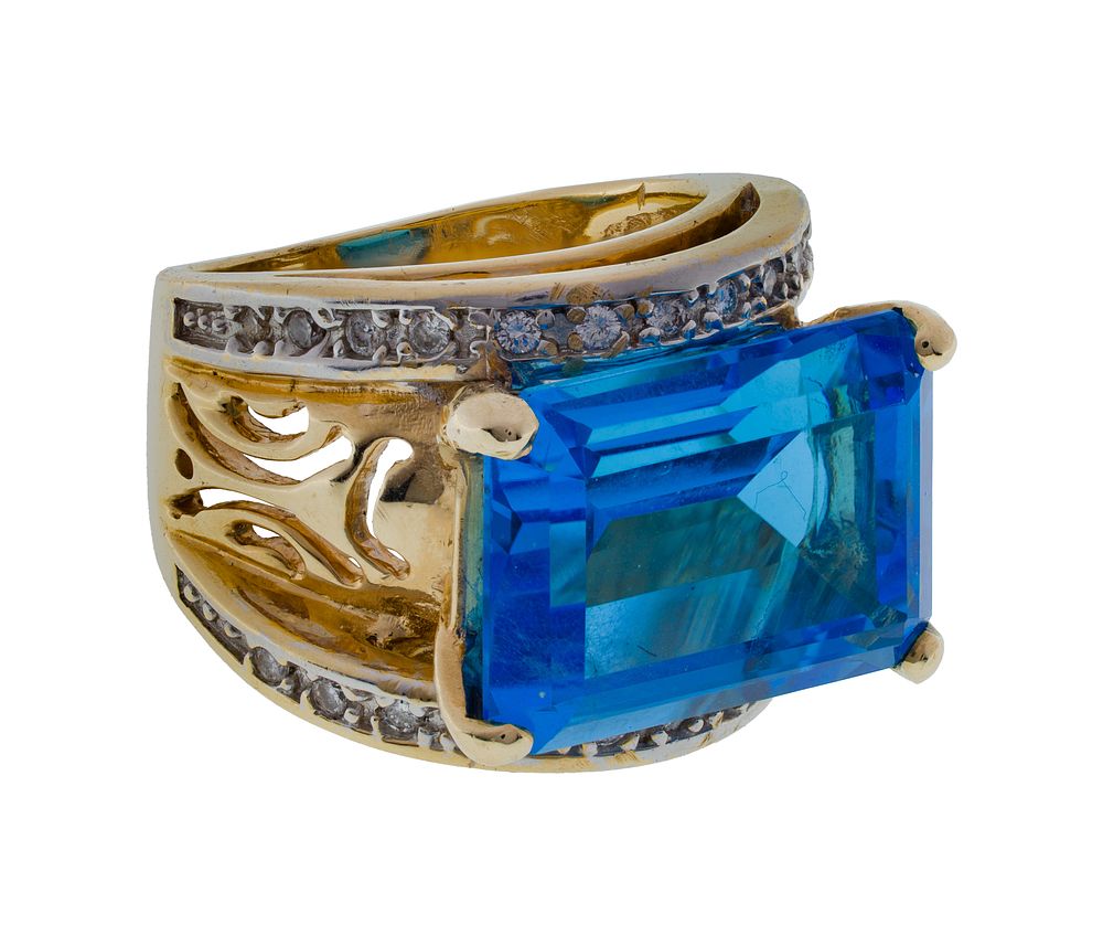 Lot 261: 14k Yellow Gold, Blue Topaz and Diamond Ring