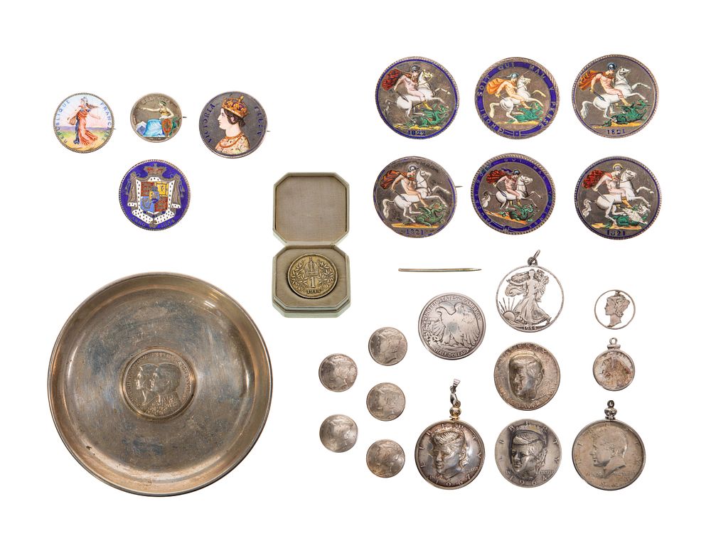 Lot 298: Enamel, Repousse and Pierced Coin Jewelry