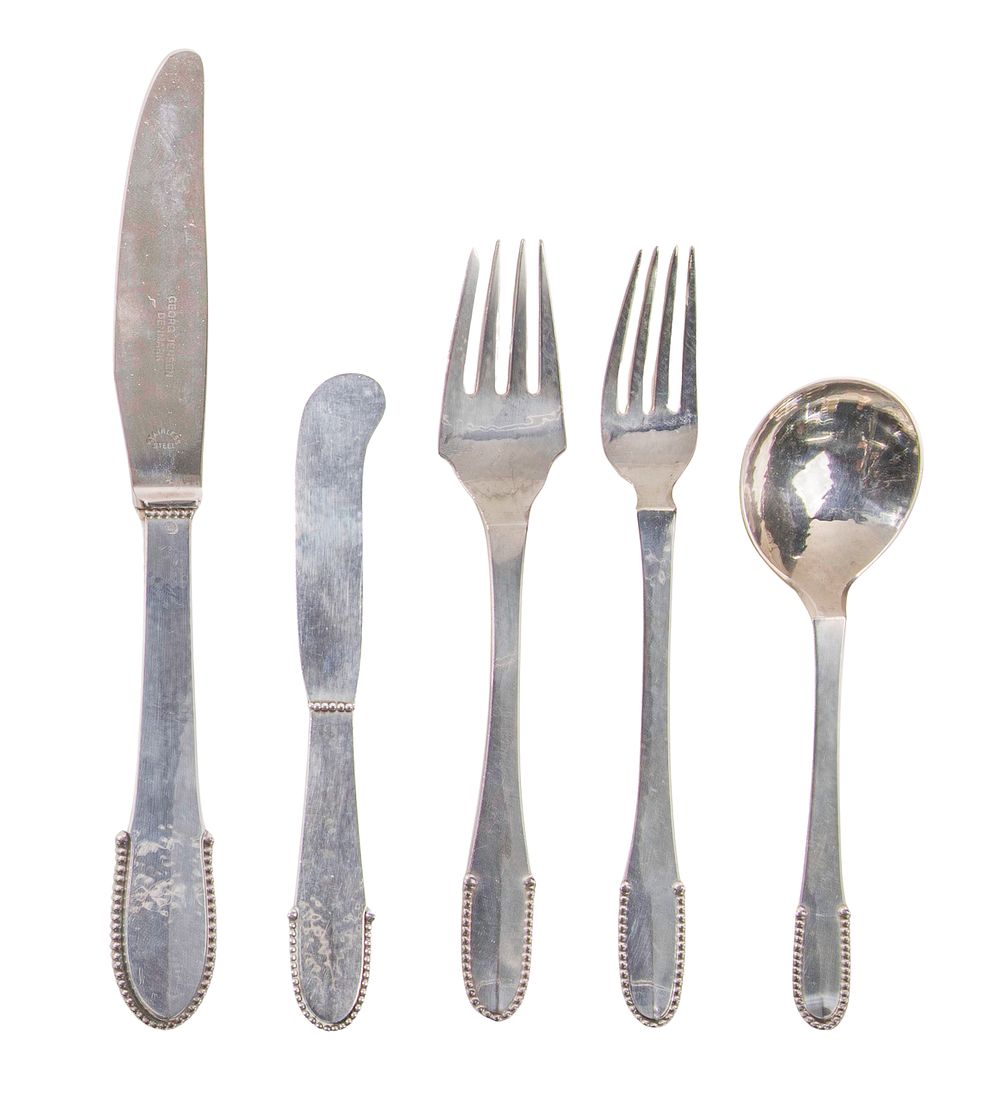 Lot 341: Georg Jensen Beaded Sterling and European (830) Silver Flatware Service