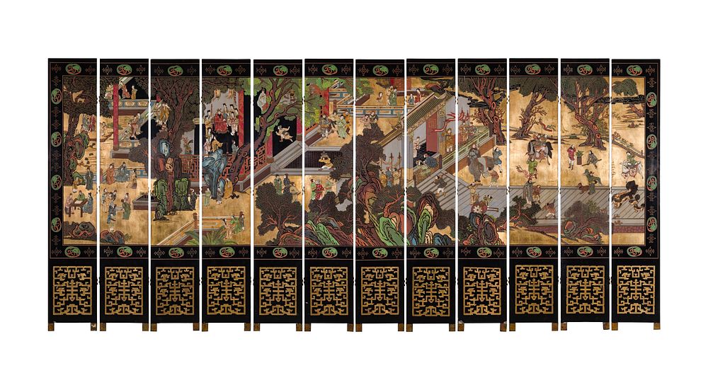 Lot 438: Chinese Black Lacquer Coromandel Floor Screen