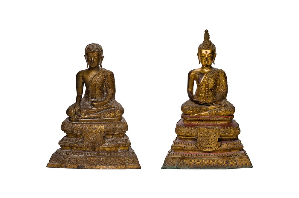 Lot 259: Thai Gilt and Lacquered Metal Seated Buddha Sculptures