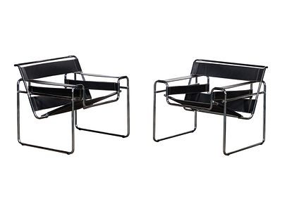 Wassily Style Chairs A pair of modernist armchairs having a tubular steel frame and black 