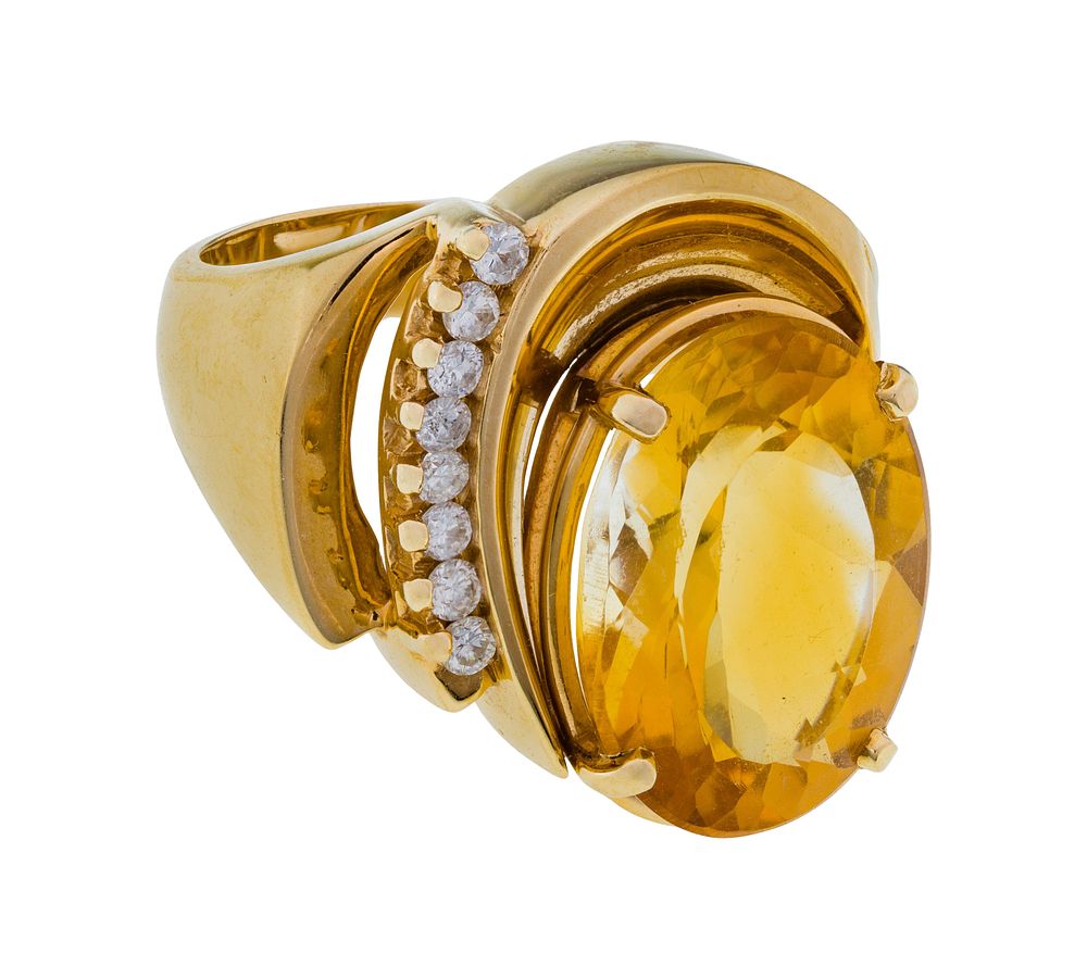 Lot 485: 14k Yellow Gold, Yellow Topaz and Diamond Ring