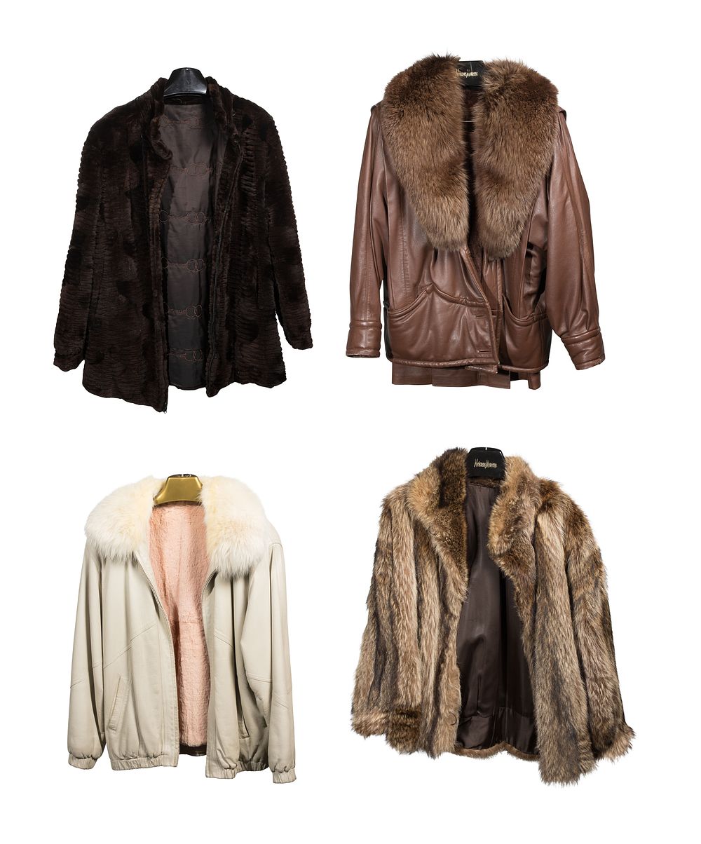 Fur Coat Assortment 
(4) items including a sheared beaver having detachable hood, a brown 