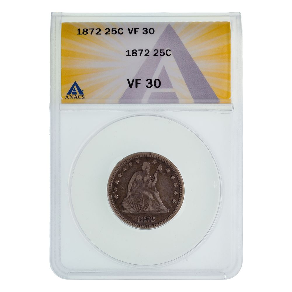 Lot 566: 1872 Seated Liberty 25c VF-30 ANACS