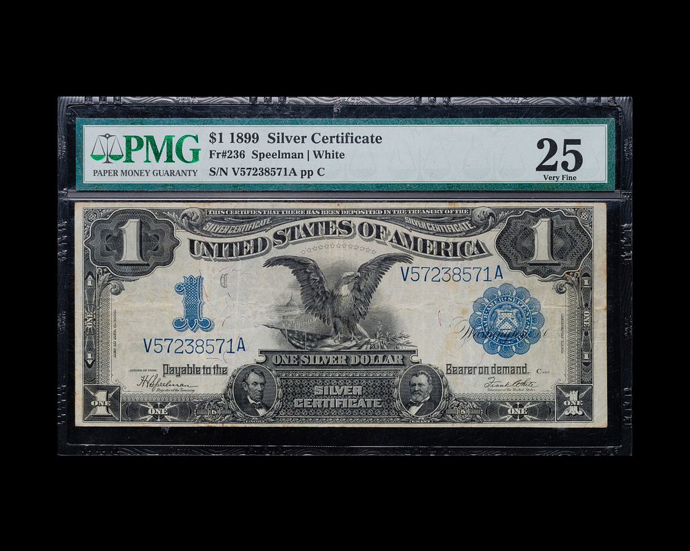 Lot 591: 1899 $1 Black Eagle Silver Certificate VF-25 PMG