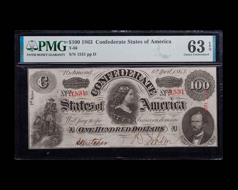 Lot 595: 1863 $100 Confederate States of America CU-63 PMG