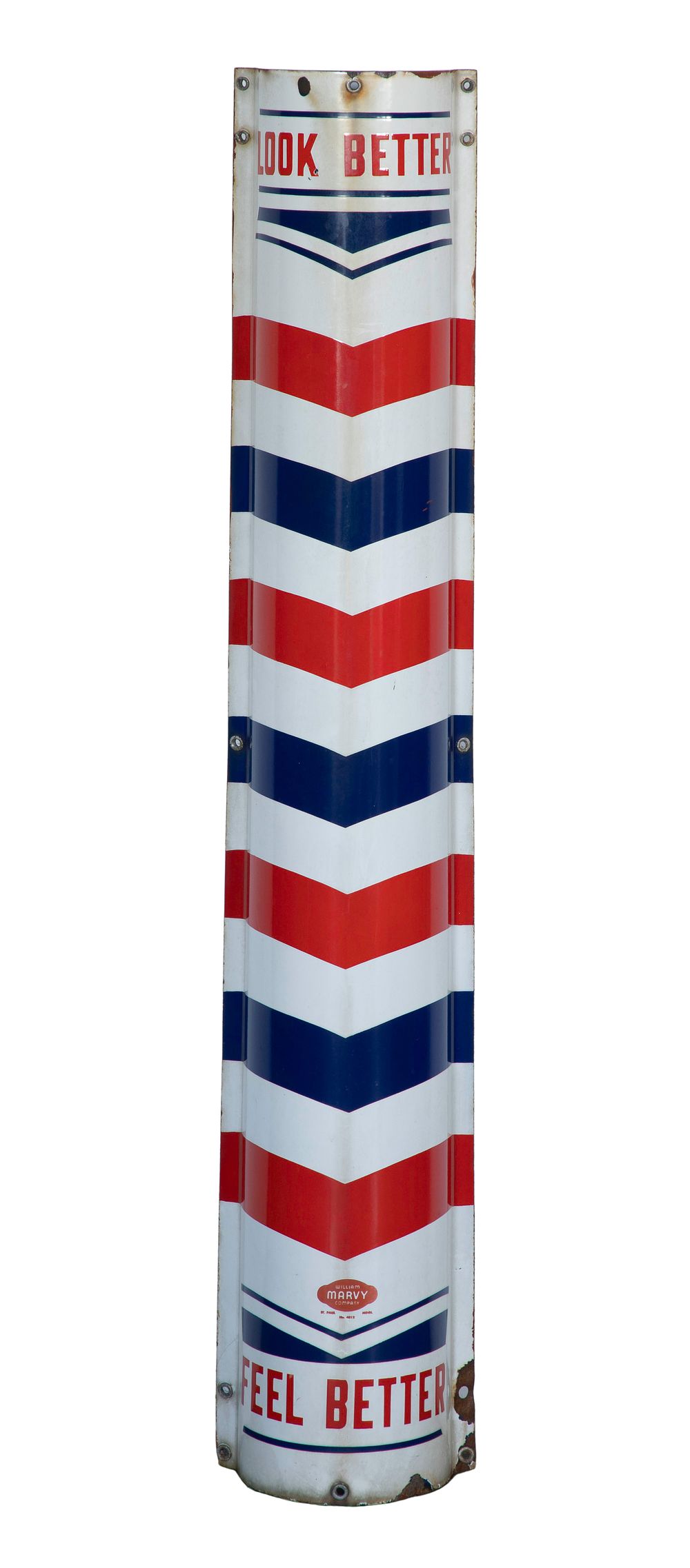 Lot 251: William Marvy Wall Mount Barber Pole Curved Enamel Advertising Sign